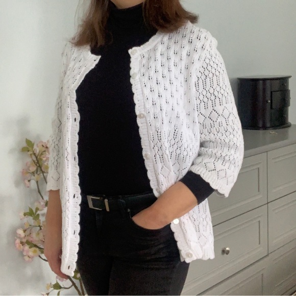 WHITE KNIT LACE CROCHET CARDIGAN 100% COTTON / TRADITION COUNTRY COLLECTION / L - Picture 4 of 9